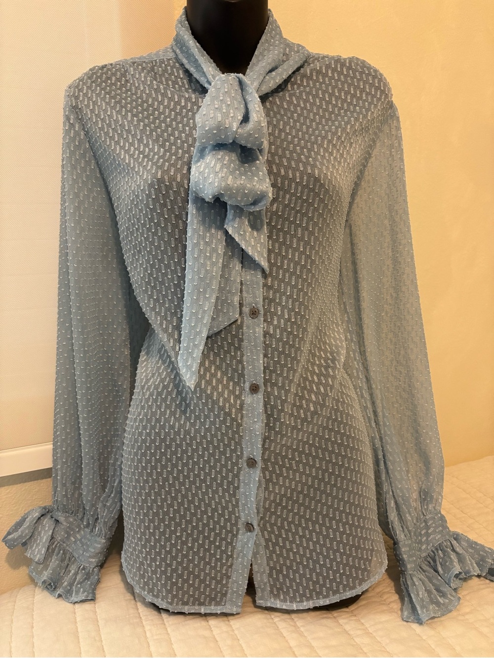 Banana Republic Light Blue Sheer Tie-Neck Blouse Size: Medium